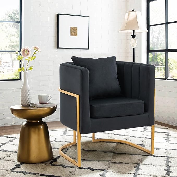 Velvet Modern Accent Chair Upholstered Barrel Armchair Mid Century with Pillow for Living Room Comfy Single Vanity Chair with Metal Gold Legs for Bedroom Black