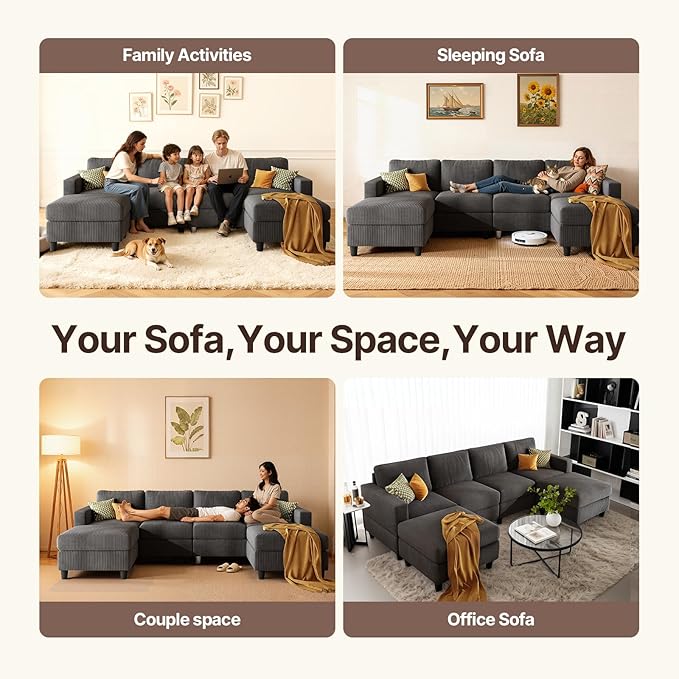 101 Inch Oversized Corduroy Sectional Sofa U Shaped Sectional Sofa with 2Ottomans 6 Seater Convertible Corduroy Sofa Comfortable Living Room Couch (Dark Gray 4 Seat with 2 Ottoman)