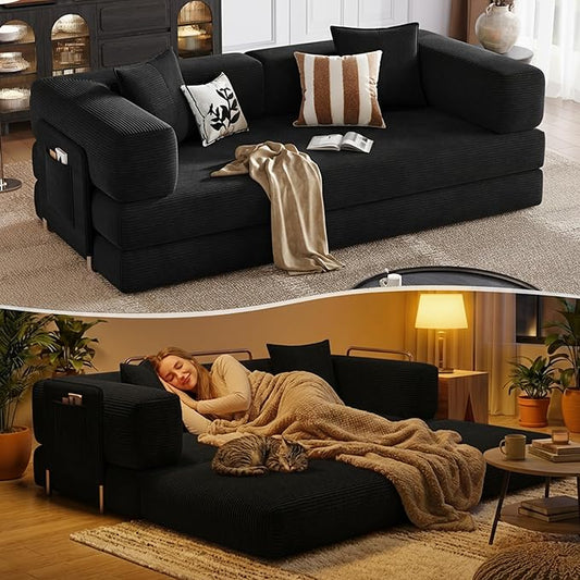 78.8 Boneless Sleeper Sofa BedConvertible Futon Couch with Storage Pocket and 2 PillowsModular Corduroy Sofa for livingroomSmall speaceBlack