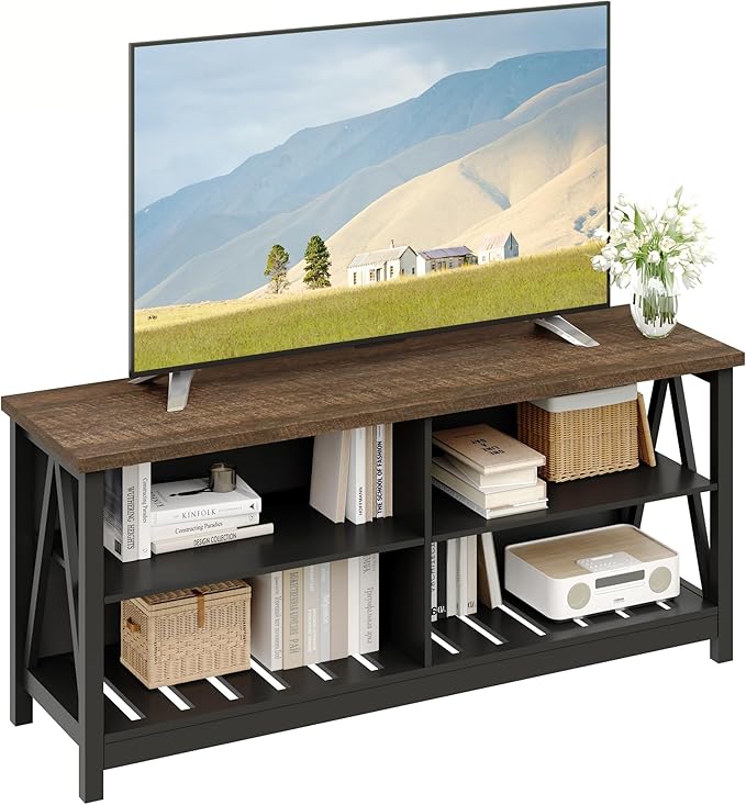 ChooChoo Farmhouse TV Stand for TVs up to 55 Inch Modern Entertainment Center with 4 Open Shelves &amp Built-in Cable Holes Media TV Console for Living Room Bedroom Black