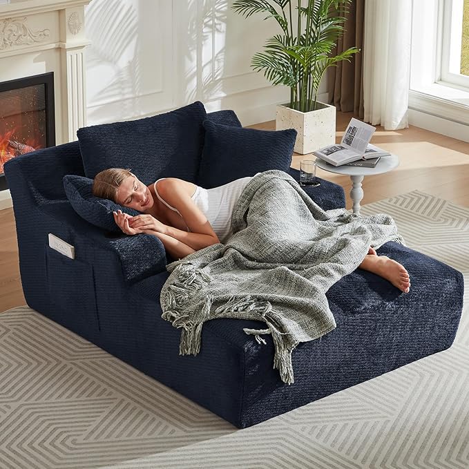 66 Oversized Chaise Lounge Chair Indoor Modern Upholstered Deep Seat Sofa Bed Sleeper Couch Reading Chairs Comfy Corduroy Cloud Sofas Couches for Living Room No Assembly Dark Blue