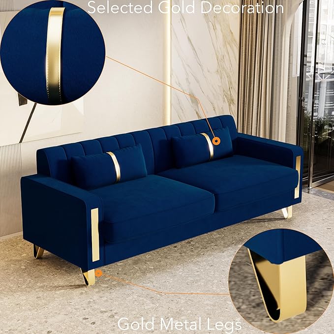 85.63 Modern Blue Velvet Sofa with Gold Metal Legs Large Upholstered Mid Century Modern Comfy 3 Seater Dark Blue Couches for Living Room (Blue)