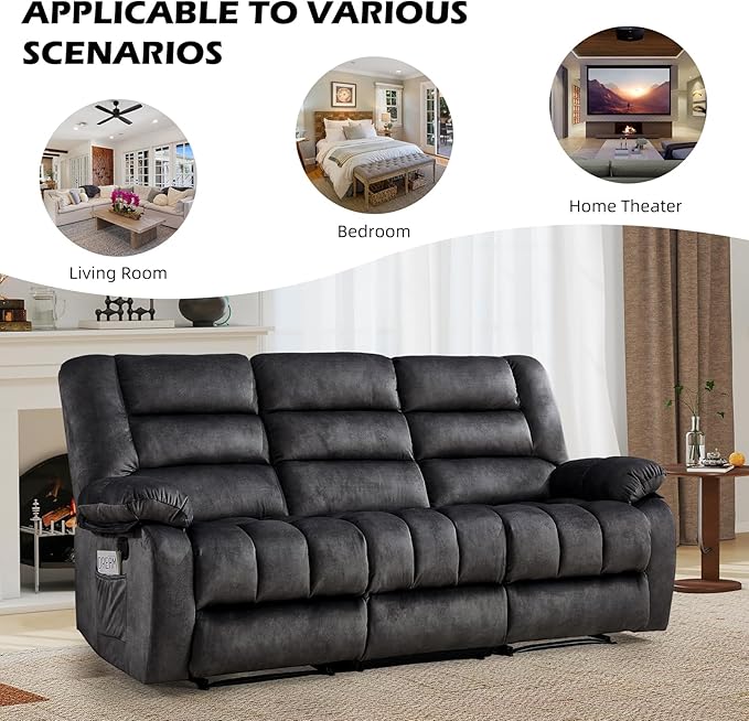 EBELLO Recliner Sofa Flip Middle Backrest Design 3 Seat Recliner Couch Overstuffed Comfortable Armrest Manual Reclining Couch for Living Room Bedroom Furniture Grey (3 Seat Sofa)