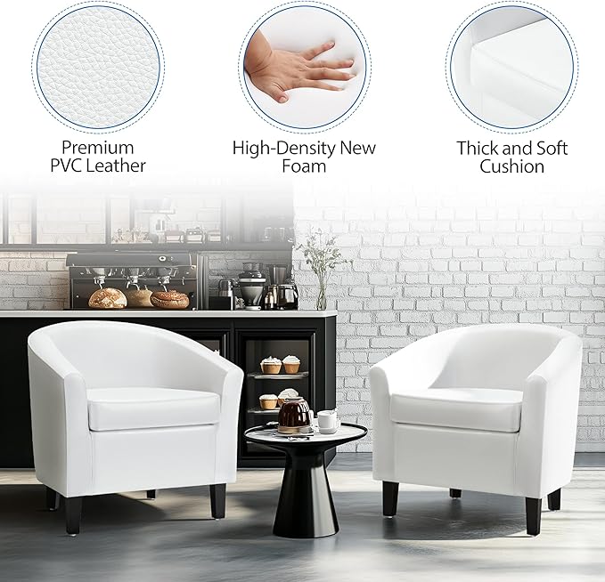 Yaheetech White Leather Chair Faux Leather Accent Chair Modern Barrel Chair Comfy Club Chair with Soft Padded and Solid Legs for Living Room Bedroom Reception Room White