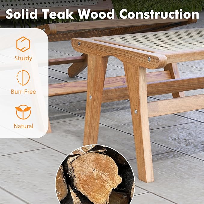 Tangkula Mid Century Modern Accent Chair with Ottoman Farmhouse Handwoven Rattan Living Room Chair with Teak Wooden Frame for Indoor Lazy Lounge Chair for Home Bedroom Office