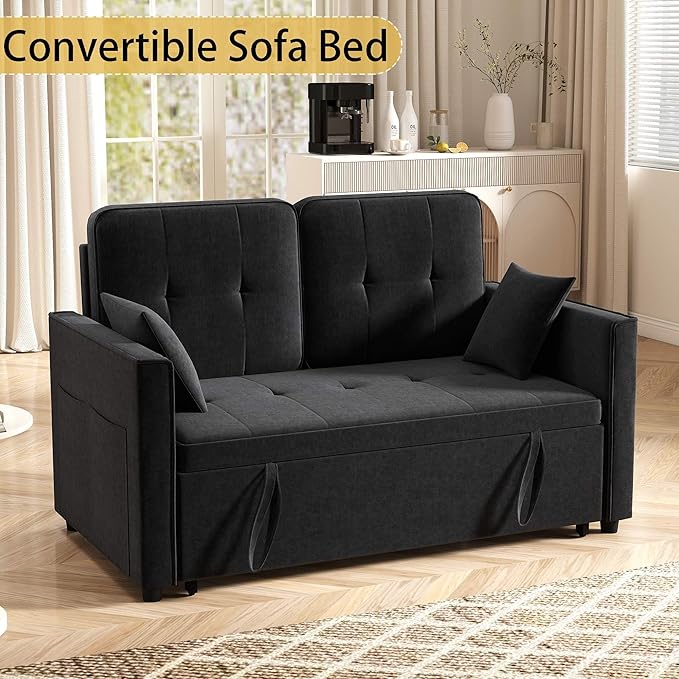 Black Convertible Sofa Bed: 3 in 1 Sleeper Sofa Couch Bed Pull Out Couch with Adjustable Backrest Velvet Convertible Loveseat Sleeper for Living Room