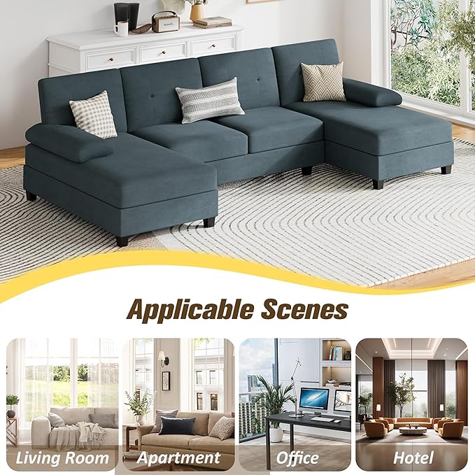 JY QAQA Sectional Couche with Soft Cushion U-Shaped Sofa with Double Chaise 4-Seat Linen Fabric Sofa Sets for Living Room Apartment Drey