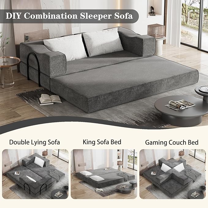 80 King Size Convertible Sofa Bed Sleeper Foldable Futon Couch with Memory Foam &amp 2 Pillows Chenille Fabric Modular Loveseat for Small Spaces Apartment Living Room Studio (Gray 80in)