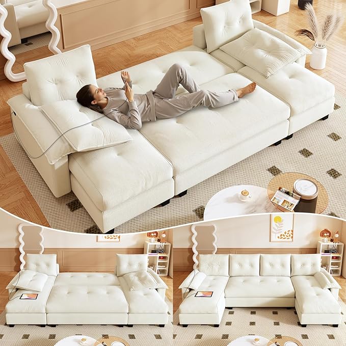 104.7 Modular Sectional Couch Convertible U Shaped Couch with Pull Out Bed Comfy Sleeper Sofa with Removable Armrests &amp USB Ports Modern Sectional Couches for Living Room Beige
