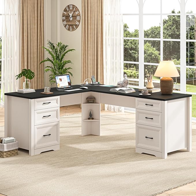 Vabches Wood L Shaped Executive Desk with 6 Drawers Farmhouse Home Office Desk with Power Outlets and Triangle Under-Desk Storage Shelf &amp Drawer File Cabinet Corner Computer Desk Black