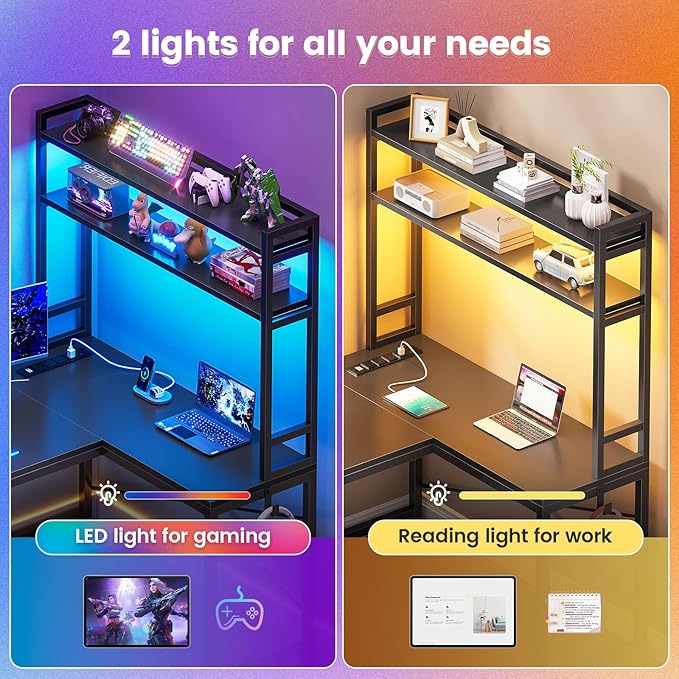 SEDETA L Shaped Gaming Desk Reversible 45.3” Small Corner Desk with Power Outlet and LED Lights Corner Gaming Desk with Storage Shelves Hooks for Small Space Black