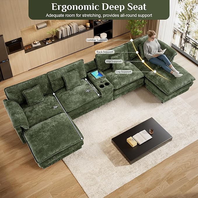 152 Oversized Modular Sectional Sofa U Shaped Cloud Couch Modern 6 Seat Sofa Set for Living Room Comfy Chenille Couch with Storage Central Console Movable Ottomans Cup Holders USB Ports Green