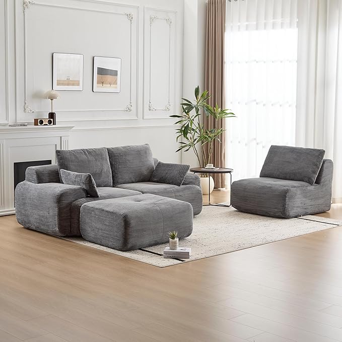 Modular Sectional Sofa Comfy Boneless Cloud Couch with Pillows Pet-Friendly Corduroy Fabric Sectional Couches for Living Room No Assembly Required (Grey 3 Seat)