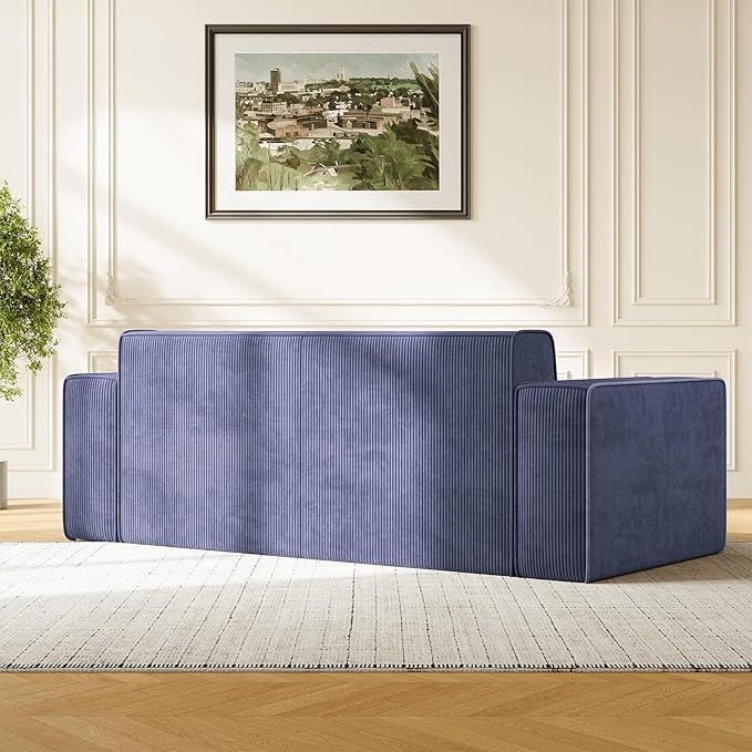 PUREMIND 3 Seater Sofa in a Box 76 Modern Corduroy Sofa Couch with Widen Armrest No Installation Comfy Deep Seat Couches for Living Room Apartment Blue