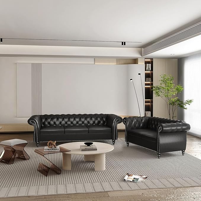 Chesterfield 3 Seater Sofa Modern Leather Tufted Couch 3 Seater with Rolled Arms and Nailhead Mid-Century Upholstered Couch for Living Room Bedroom Apartment and Office Black