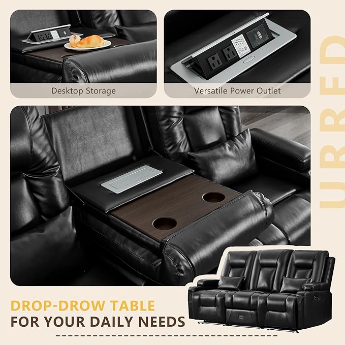 URRED Wall Hugger Power Recliner Sofa RV Double Reclining 3-Seater Couch for Living Room with LED Lights USB Ports Cup Holders and Side Pockets Outlets Drawer Faux Leather – Black