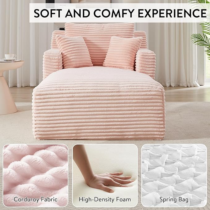 Chaise Lounge Chair Indoor Upholstered Corduroy Single Lounge Sofa Couch Comfy Reading Recliner Sleeper Sofa Chair Bed with Armrests and Pillows for Bedroom Living Room (Pink)
