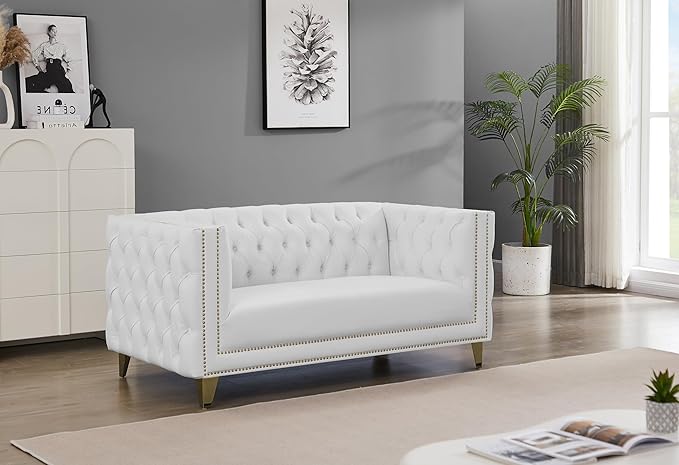 Meridian Furniture 651White-L Michelle Collection Modern | Contemporary Loveseat with Deep Button Tufting Gold Nailhead Trim and Sturdy Gold Iron Legs White Vegan Leather 66 W x 34 D x 30 H