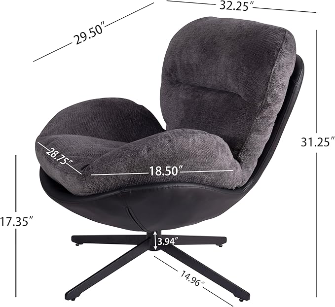 Christopher Knight Home 360° Swivel Accent Chair Modern Chenille Lounge Chair with Faux Leather and Black Metal Base Frame Reading Chair for Small Spaces Living Room Bedroom Dark Gray