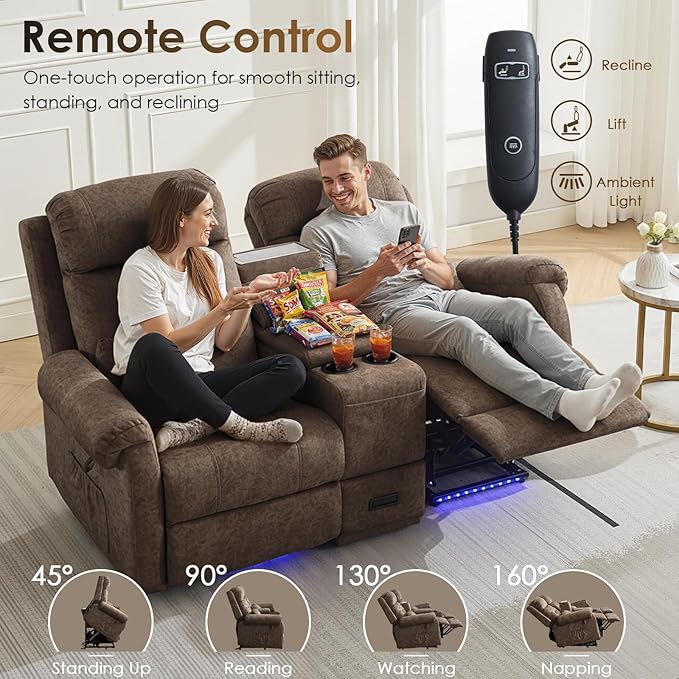 SAMERY Loveseat Recliner Sofa Power Lift Recliner for Elderly with Massage and Heat Electric Reclining Loveseat Sofa Couch with Console Cup Holder Outlets USB Drawer (Brown Lift Loveseat) | Eas