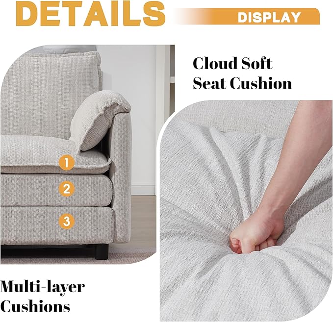 108 Cloud Sectional Couches for Living Room Convertible L Shaped Modular Sectional Sofa with Movable Ottoman 3-Seat Chenille Cloud Couch with Deep Seat for Bedroom Apartment Beige