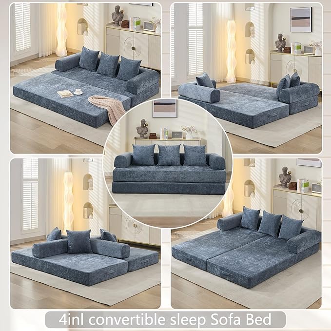 79 Inch 4-in-1 Convertible Sofa Bed Boneless Couches Chenille Folding Sleeper with Pull Out Bed Floor Futon Modular Lounge Loveseat Compressed Sofa No Assembly Required for Living Room (Blue)