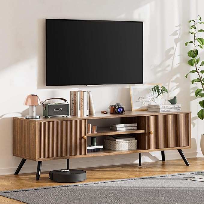 COMHOMA TV Stand for Living Room Mid Century Modern Entertainment Center for 55/60/65 Inch TVs Retro Brown TV Console with Fluted Door Cabinets and Open Adjustable Shelve Storage for Bedroom (59In)