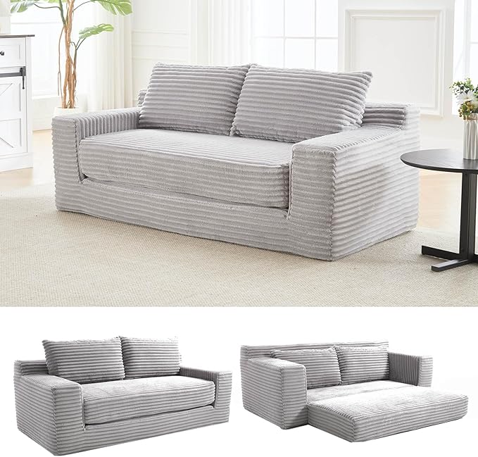 2 in 1 Convertible Sleeper Sofa Bed 72 Corduroy Loveseat Sofa w/ 2 Pillows Oversized Chaise Lounge Chair Indoor Pull Out Couch Bed for Small Spaces/Living Room/Bedroom No Assembly (Light Gray)