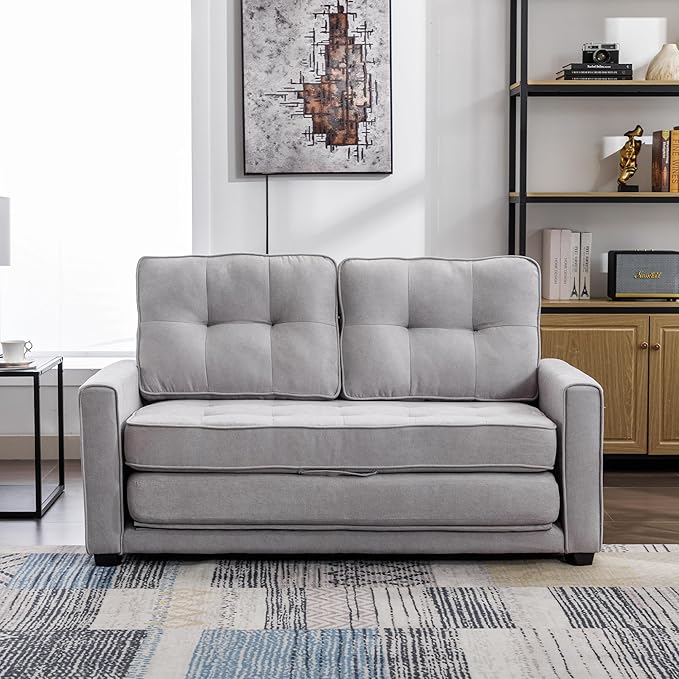 ERYE 3 Fold Tufted Upholstered Futon Sofa Bed Modern Convertible Foldable Floor Loveseat Sofabed with Pull Out Sleeper Couch Daybed W/Side Pockets for Living Room