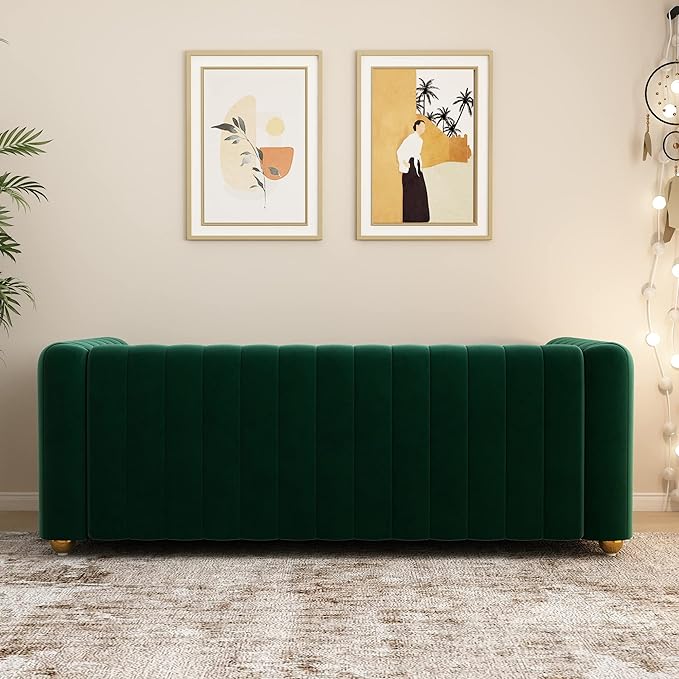 Green Velvet Couch Sofa Loveseat 81.3 Wide Mid Century Modern Couch Small Spaces Love Seat Tufted Chesterfield Velvet Sofa Futon with Gold Leg Comfy 3 Seat Extra Deep Sofas Couches for Living Room