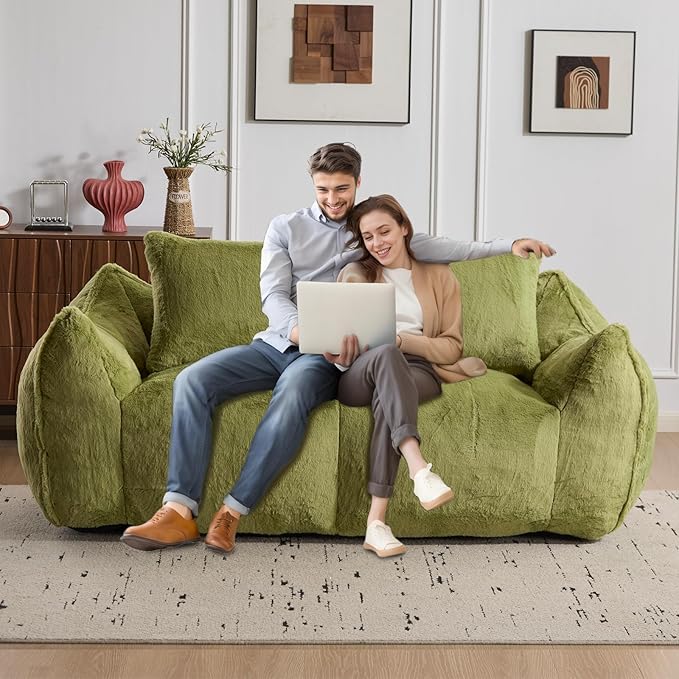 Compressed Sofa Couch in a Box 75” Beige Plush Floor Sofa Couch with Memory Foam for Bedroom Apartment Comfy Upholstered Foam Loveseat with Curved Armrest No Assembly (Green)