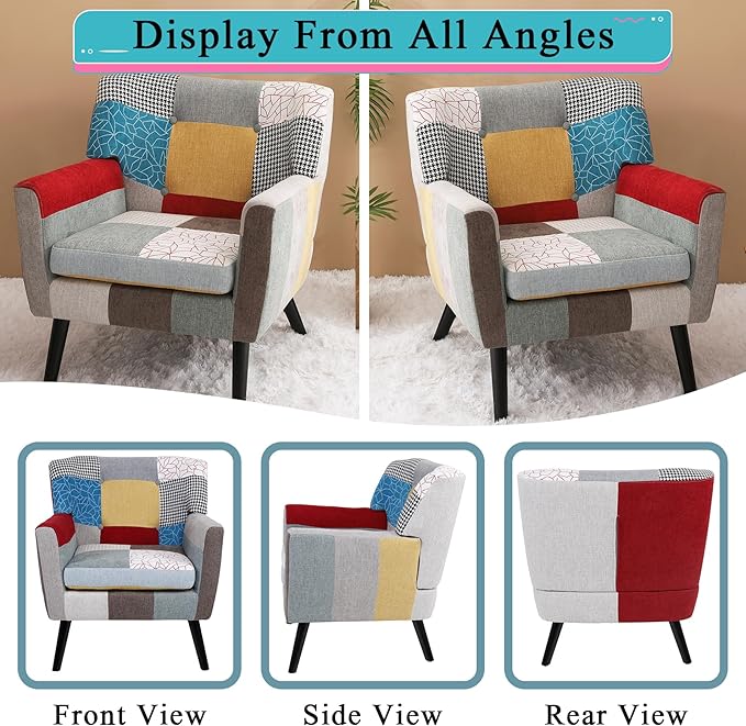 Colorful Accent Chair &amp Boho Accent Chair Comfy Arm Chair with Wide Back for Bedroom Living Room Linen Fabric Patchwork Wood Legs