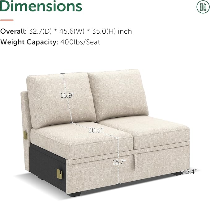 HONBAY Storage Loveseat for Modular Sleeper Sofa with Pull Out Bed Double Seat with Storage for Couch Bed Beige