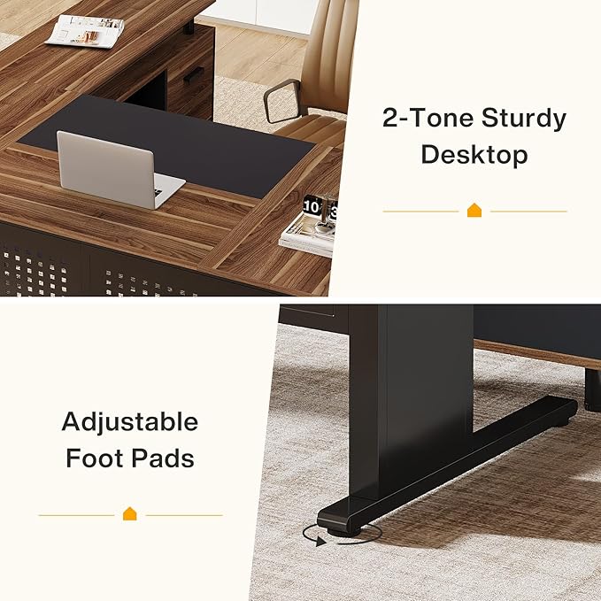 Tribesigns 63-Inch L-Shaped Executive Desk with Storage Shelves Large Office Computer Desk with Drawers and File Cabinet Industrial Business Workstation for Home Office Brown and Black