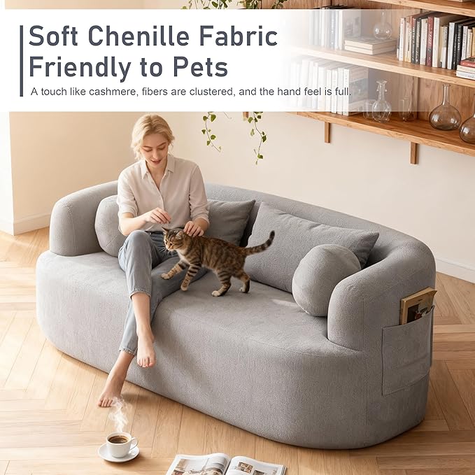 Loveseat Sofa 67.3 Boneless Curved Sofa Filling with Foam and Spring Chenille Small Love Seat for Small Spaces 4 Pillows and Side Pocket Living Room Apartment Bedroom No Assembly