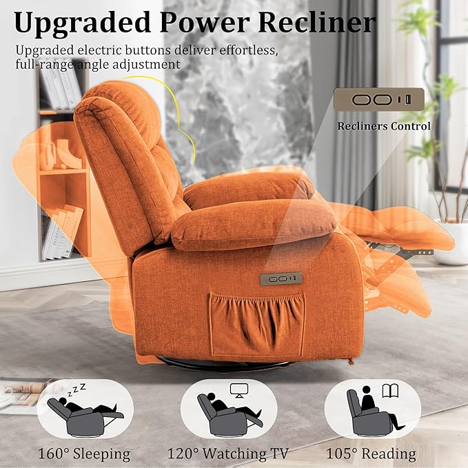 Power Recliner Chair Electric Rocker Recliner with Massage and Heat 270° Swivel Glider Oversized Wide Seat with USB Port Cashmere Nursery Chair for Living Room Orange