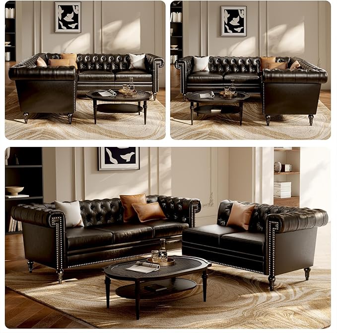 Faux Leather Sectional Sofa for Living Room Modern Chesterfield Reversible L Shaped Couch with Rolled Arms and Nailhead 5 Seat Corner Sofa Couch for Small or Large Space (Black)