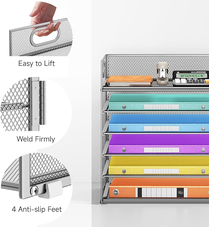 6 Tray Paper Organizer Letter Tray with Handle - Mesh Desk File Folder Holder Paper Sorter for Office Home or School - Silver