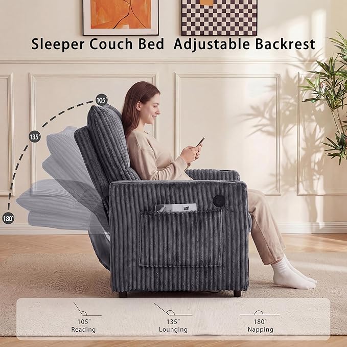 65'' Convertible Sofa Bed3-in-1 Pull Out Couch with USB Charging Port &amp Swivel Side TableCorduroy Fabric Loveseat Sleeper Couches with Adjustable Backrest for Living RoomEasy AssemblyGrey