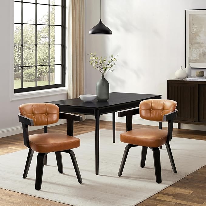 Art Leon Modern Dining Chairs - Set of 2 Mid Century Dining Chairs Faux Leather Upholstered Swivel Dining Chair Comfy Desk Chair No Wheels Accent Arm Chairs for Kitchen Living Room Study Brown