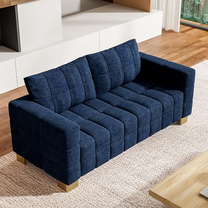 81.89 Sofa Comfy 3 Seat Sofa Tufted Chenille Upholstered Sofa Couch for Living Room with Gold Metal Legs and 2 Throw Pillows (Blue+1.5S+1.5S)