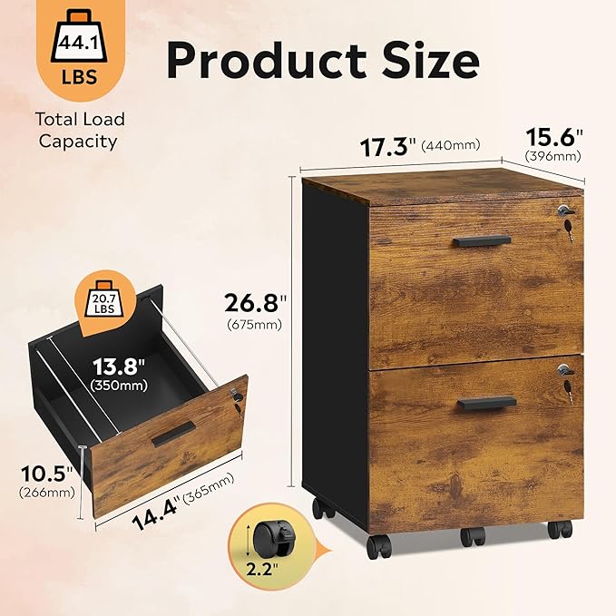 DEVAISE 2 Drawer File Cabinet Mobile Printer Stand Wood Filing-Cabinet fits A4 or Letter Size for Home Office Rustic Brown
