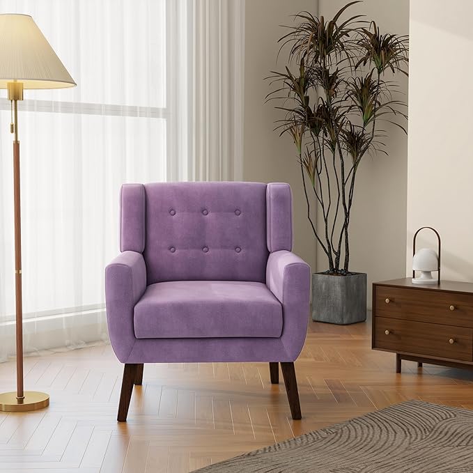 Accent Chair Mid-Century Modern Velvet Fabric Chairs with Arms for Living Room Comfy Upholstered Club Single Sofa Armchair for Bedroom Waiting Room with Solid Wood Frame (Velvet Purple Set of 1)