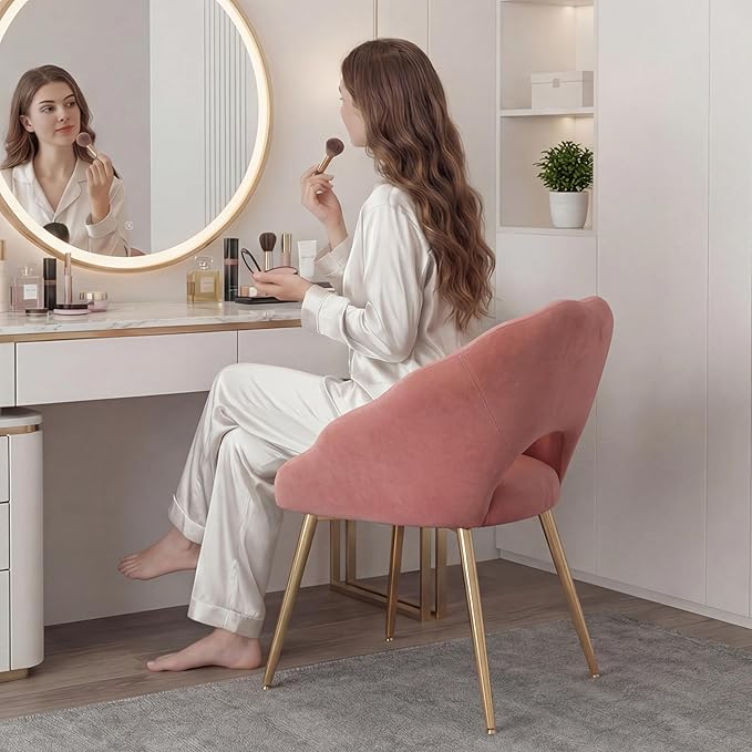 Modern Vanity Chair Living Room Chair with Gold Metal LegsVelvet Dining Chair Comfy Accent Chair for Makeup Room Waiting Room Dressing Room Bedroom Dining Room Home Office(Pink 1PCS)