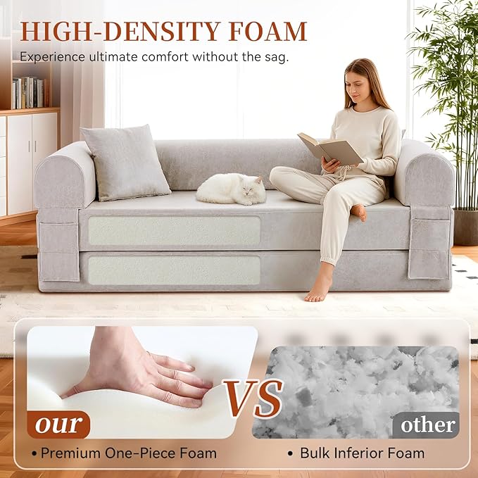 4-in-1 Folding Convertible Sofa Bed 78 Inch Faux Leather Boneless Couch Loveseat Sleeper with Pull Out Bed Floor Sofa Modular Futon Teddy Sofa for Living Room Bedroom Lounge Beige