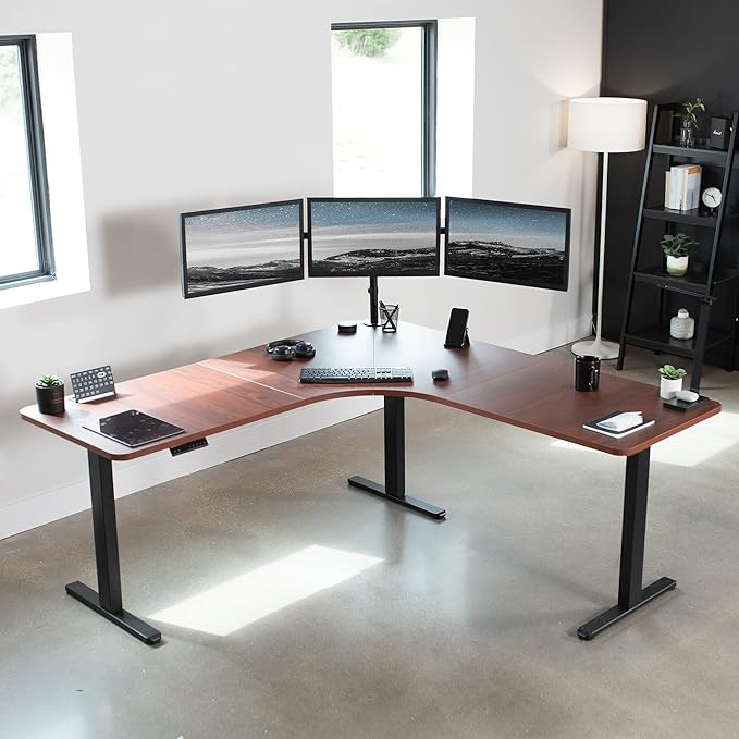 VIVO Electric Height Adjustable 71 x 71 inch Curved Corner Stand Up Desk Dark Walnut Table Top Black Frame Memory Controller L-Shaped Workstation E3C Series DESK-KIT-E3CBD