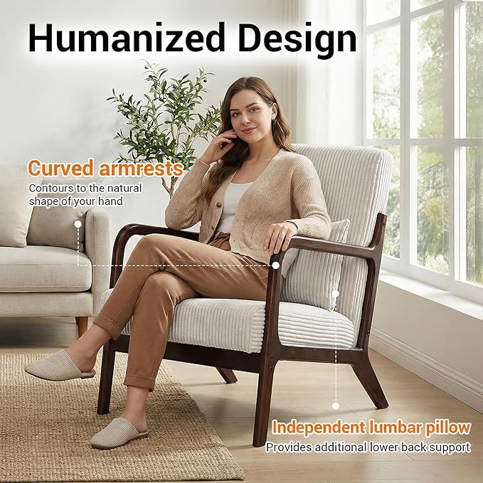 Accent Chair with Side Table Comfy Arm Chair with Solid Wood Frame Upholstered Mid-Century Modern Chair for Living Room Bedroom Waiting Room Beige