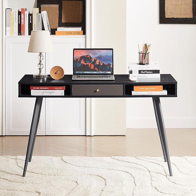 JUSTONE 47 Computer Desk for Home Office - Modern Study Desk with Built-in USB Ports &amp Power Outlet - Multi-Functional Writing Desk/Makeup Vanity - Industrial Two-Tone Black Oak &amp Dark Grey F