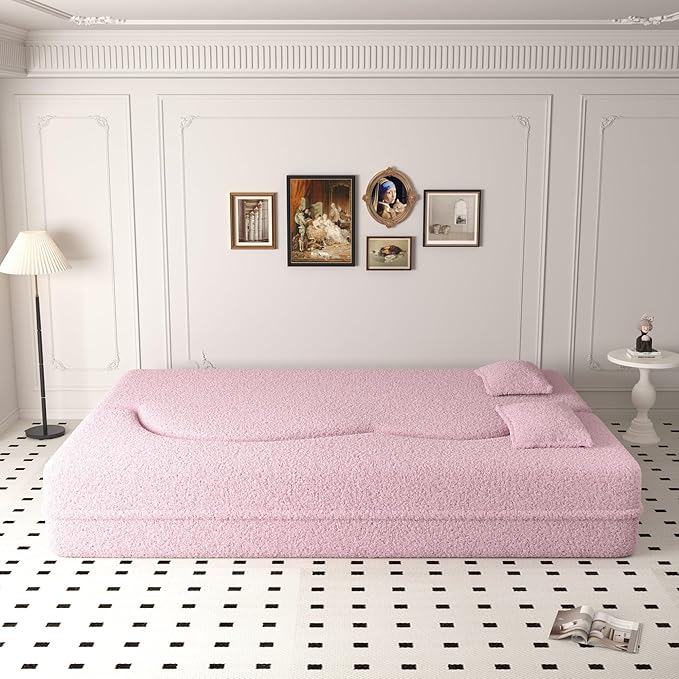 2 in 1 Folding Sofa Bed with 2 Pillows Teddy Fabric Foam-Filled Convertible Sleeper Sofa Floor Couch Full Mattress for Living Room Guestroom No Assembly Required Sofa Bed Pink