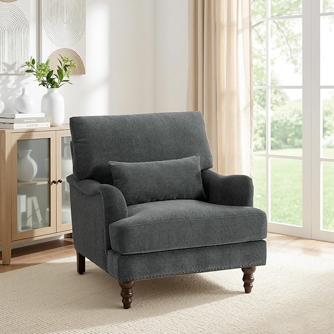 Accent Chair for Living Room Upholstered Armchair with Nailhead Trim &amp Solid Wood Legs Mid Century Modern Chenille Club Chair for Bedroom/Reading Room Gray